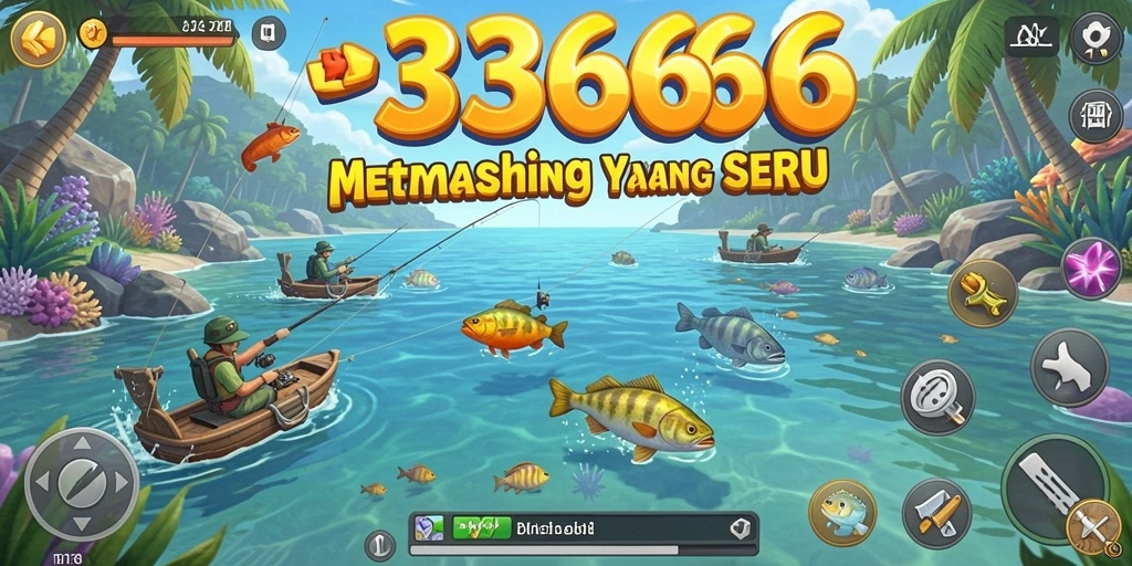 Screenshot utama game Fishing dengan aksi menangkap ikan.