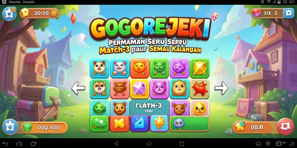 Tangkapan layar utama GOGOREJEKI menampilkan gameplay Match-3 yang seru dan penuh warna.