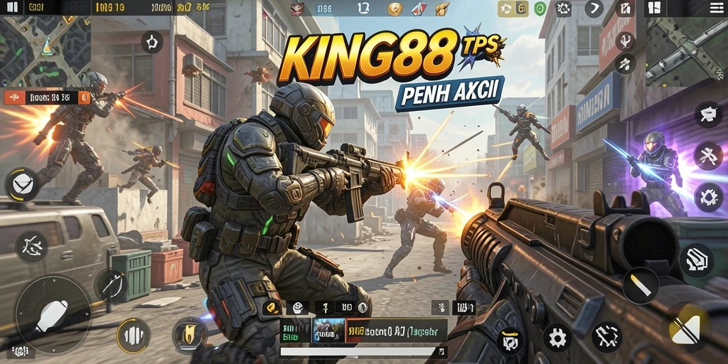 Tampilan gameplay KING88 yang intens dalam pertempuran TPS.