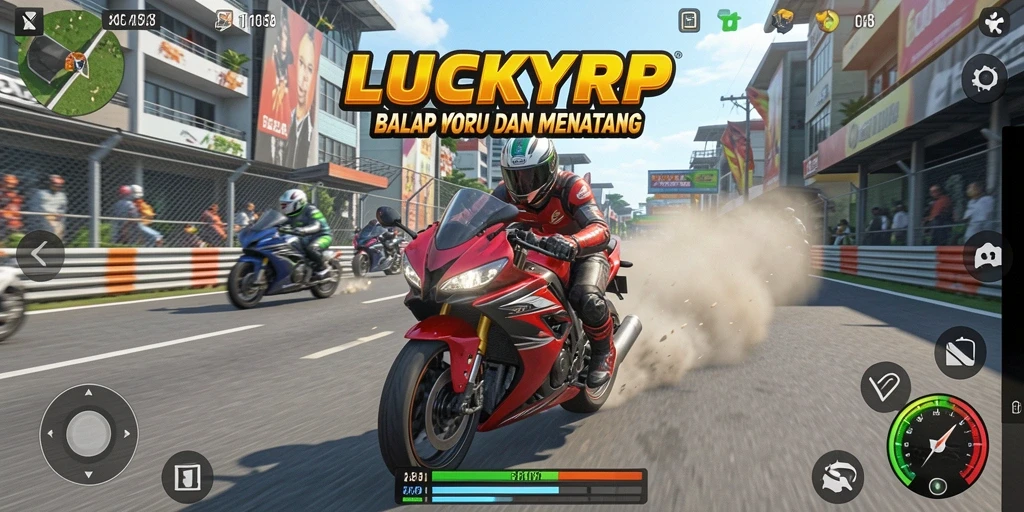 Tampilan gameplay LUCKYRP yang seru dan menegangkan saat balap motor.