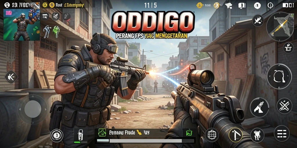 Screenshot gameplay ODDIGO menampilkan aksi pertempuran FPS yang intens.