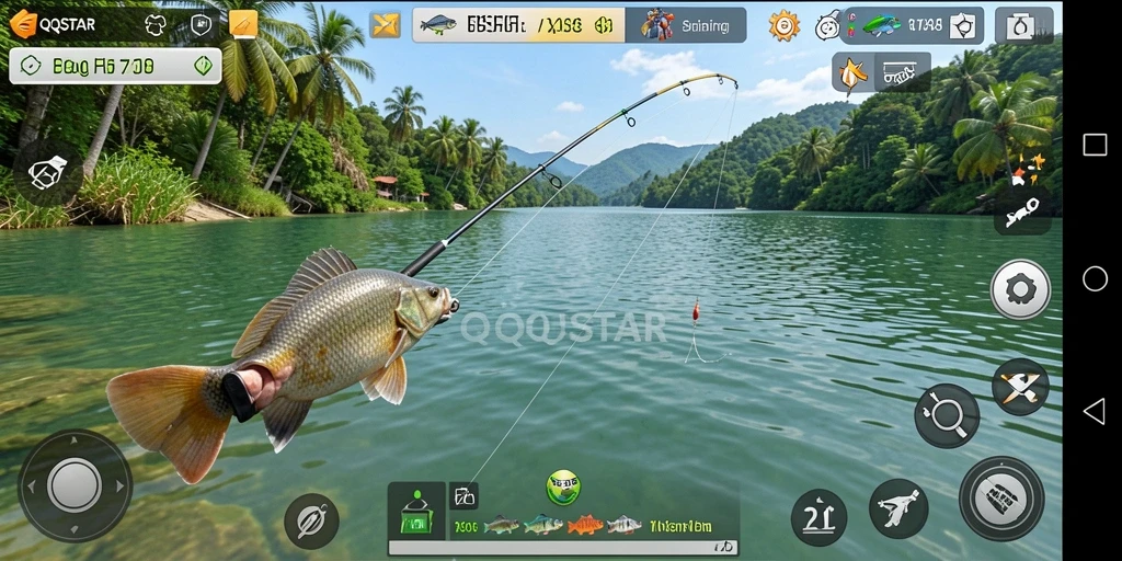 Screenshot utama QQSTAR menampilkan gameplay memancing yang mendebarkan.